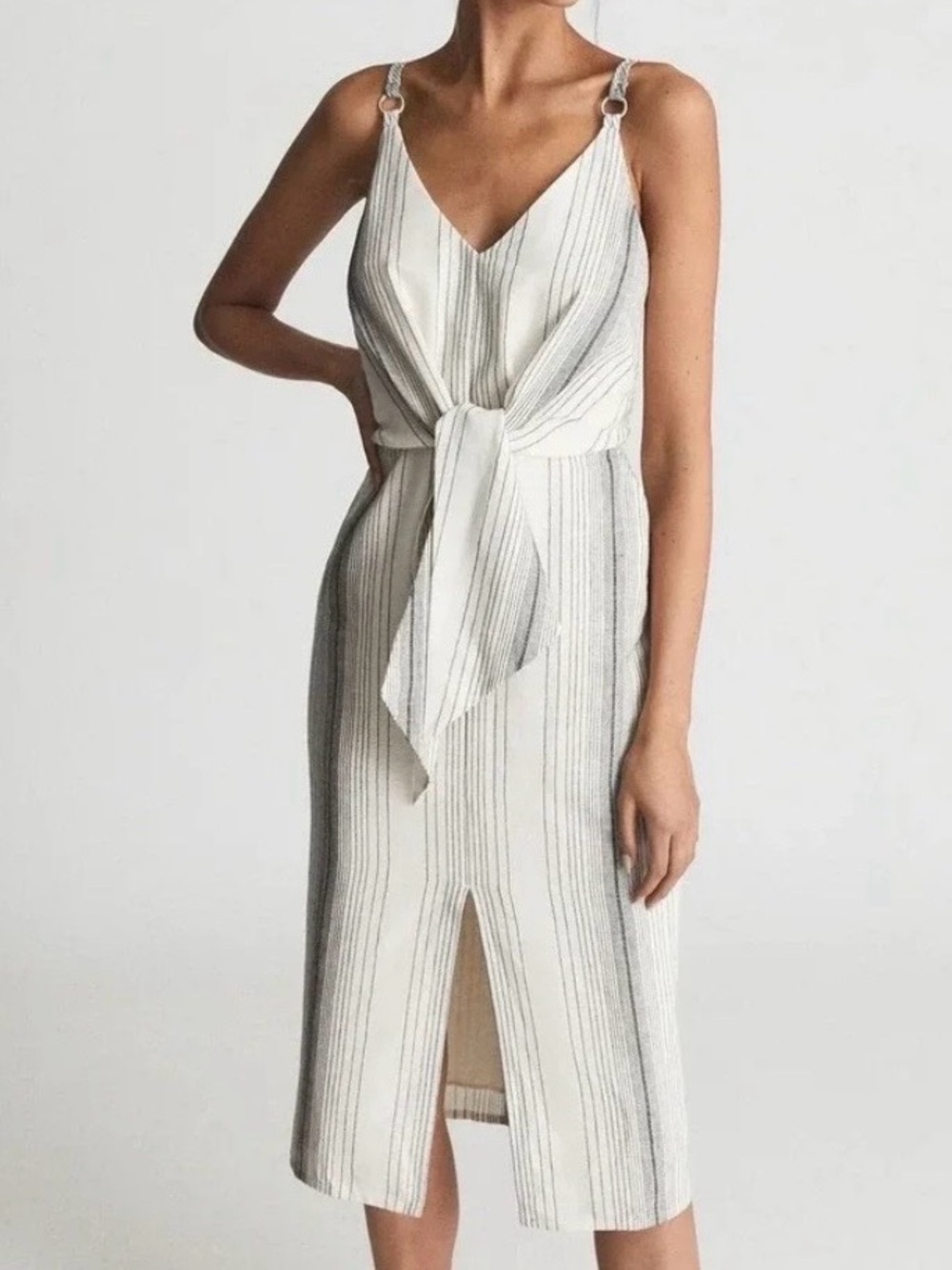 Reiss Cream and Gray Striped Tie-Front Slip Dress. With Pockets.